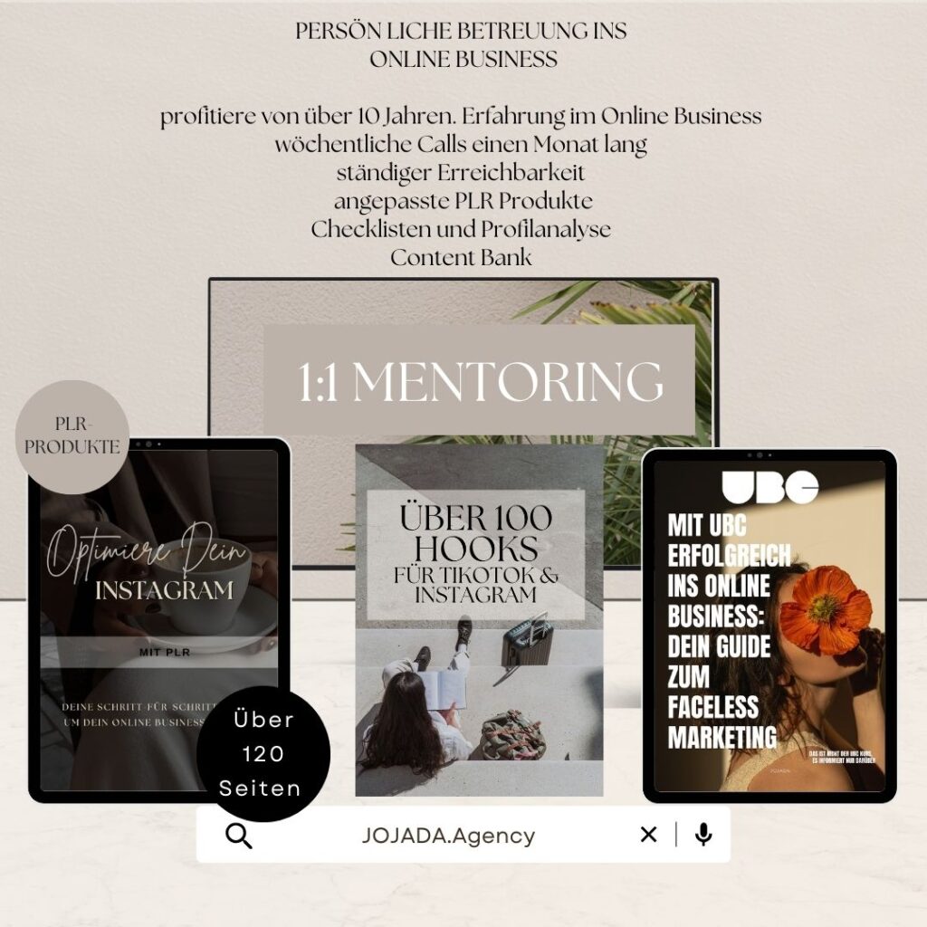 1:1 Mentoring inkl. professioneller Instagram Profil Anlayse, Werbebudget, Content Bank, PLR-Produkte