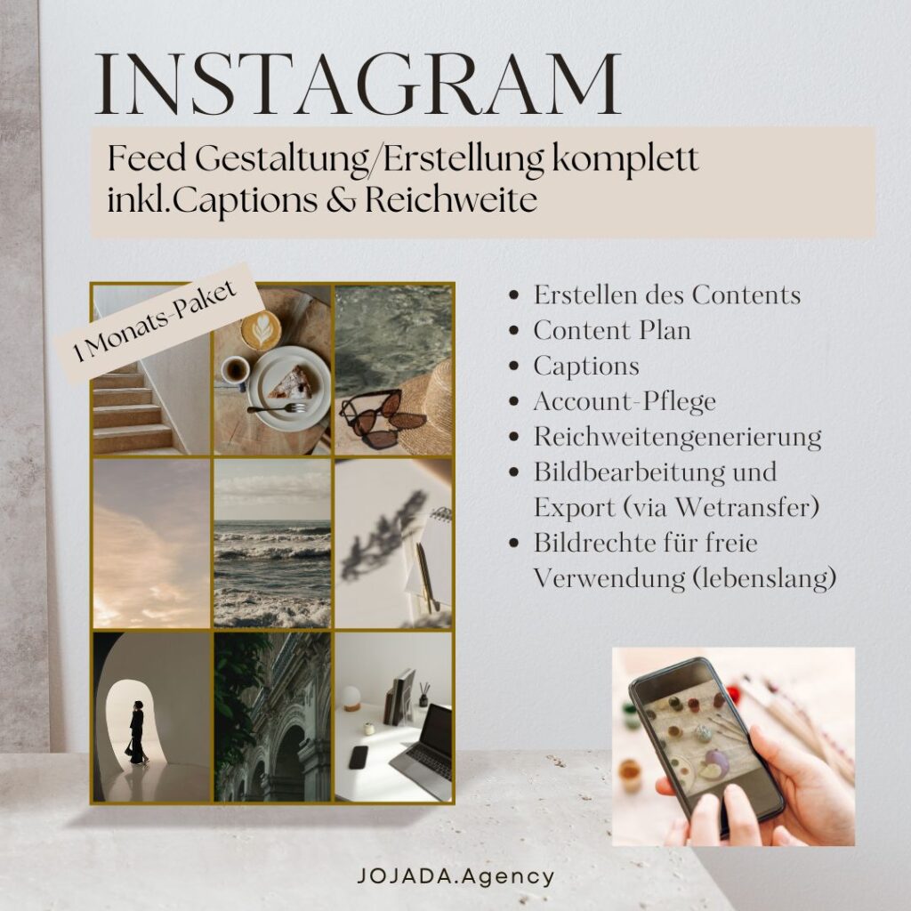 Instagram Feed Aufbau/Gestaltung inkl. Captions, Reichweitenaufbau Basis Paket 1 Monat